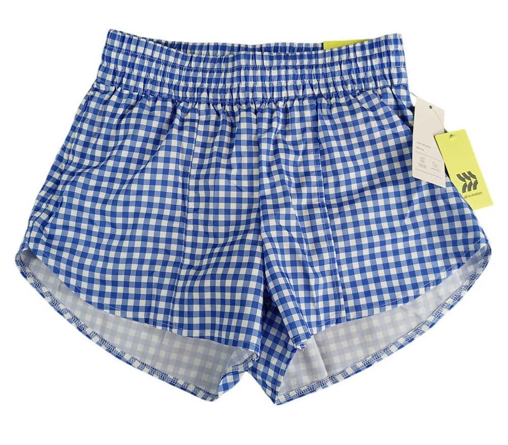 All In Motion Run Shorts Womens Blue Small Mid-Rise Stretch Athletic Gingham NWT